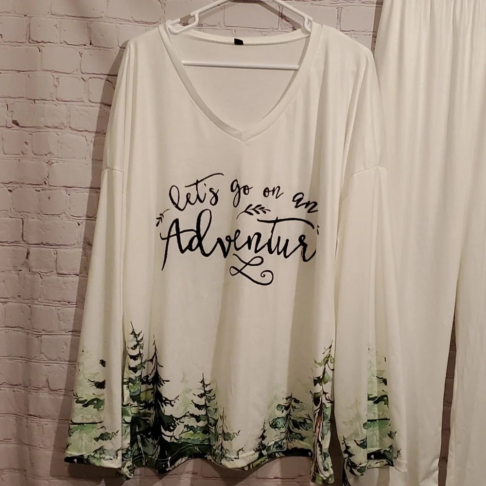 OUKU Two-Piece Lounge Set Adventure Pine Tree Print Casual V-Neck Long Sleeve